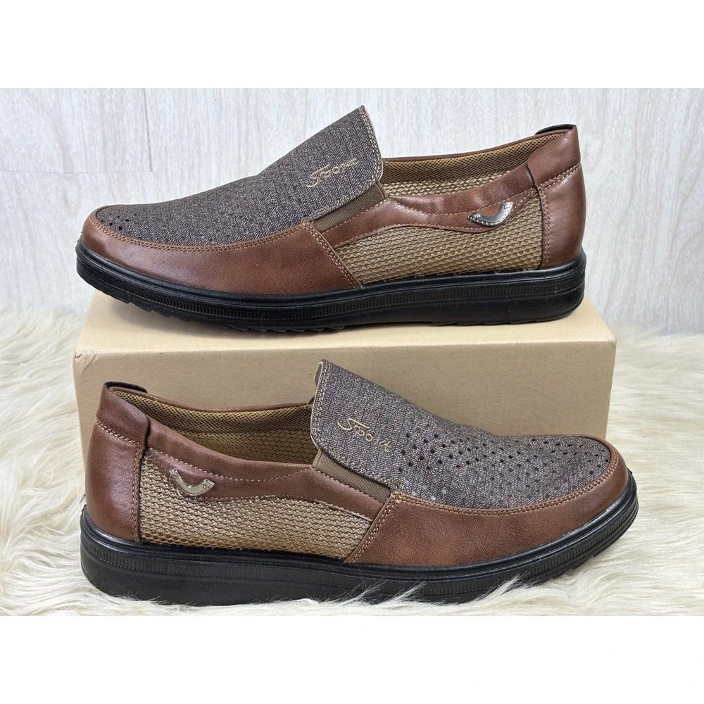 Sport Mesh Loafers Brown Slip On Walking Shoes Mens 15 NIB Comfort Casual